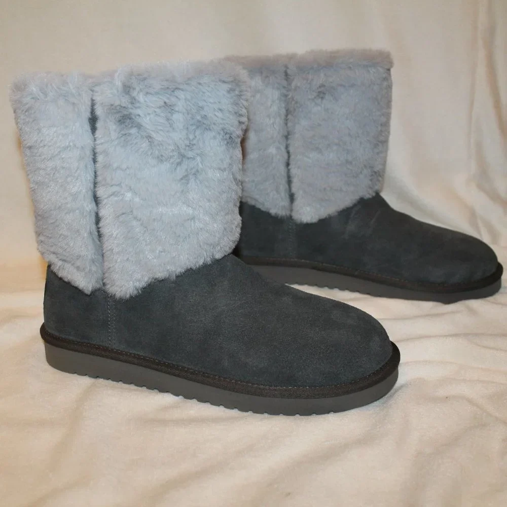 NIB UGG KOOLABURRA WOMEN'S GRAY CLASSIC SHORT‎ FUR CUFF WINTER BOOTS